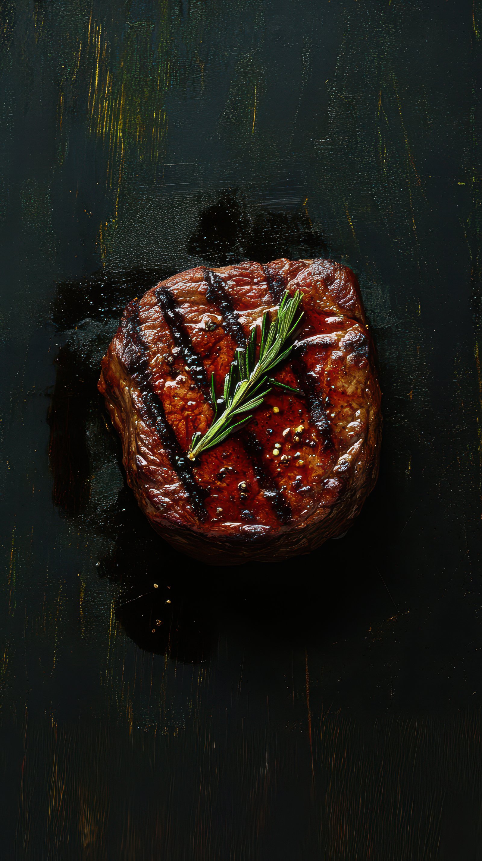 Grilled steak garnished with fresh rosemary on a dark wooden surface